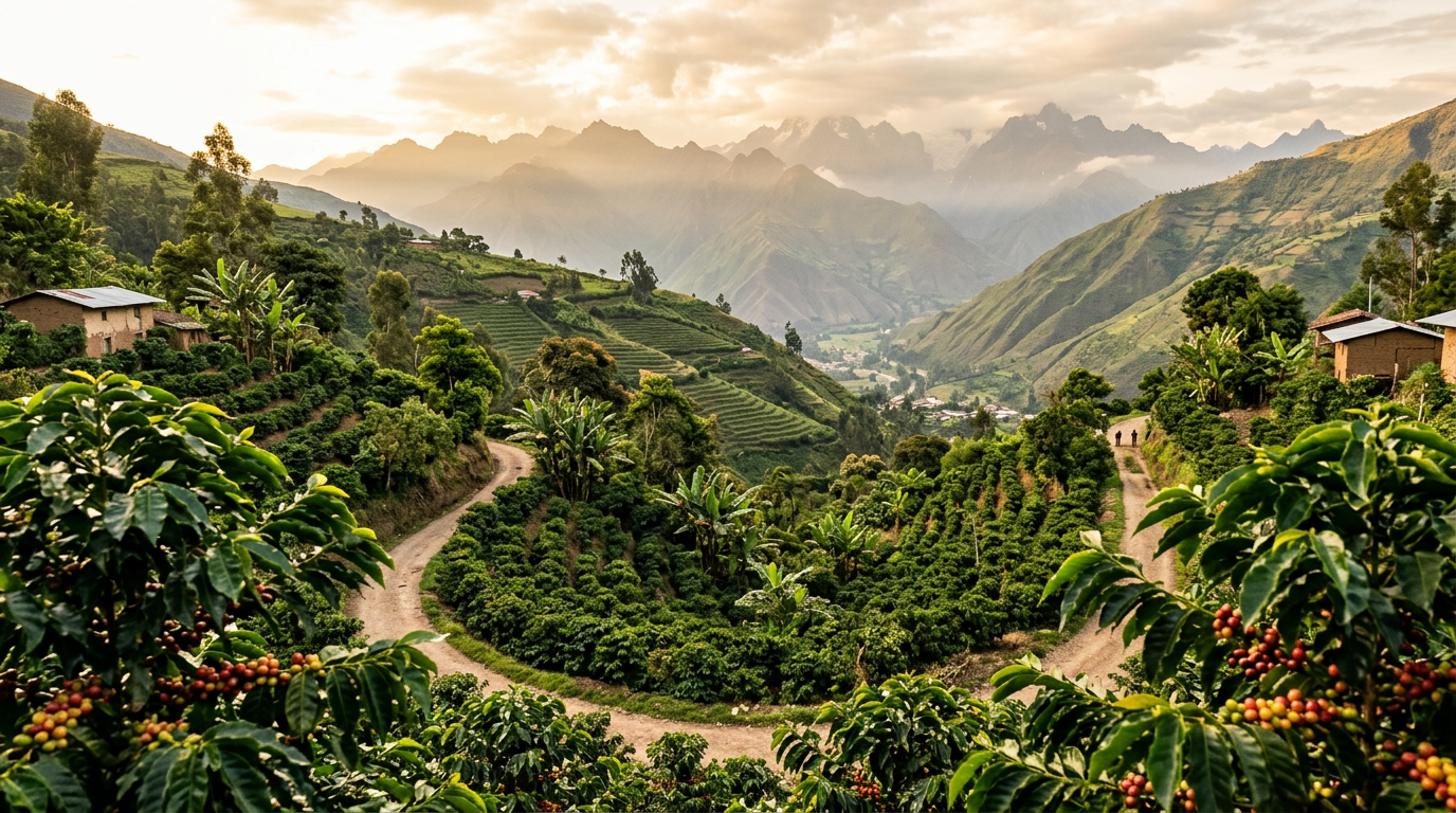 Plantación en laderas andinas: cerezas de café y terrazas al amanecer.